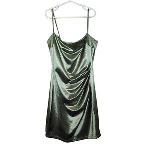 Windsor Sage Green Satin Mini Dress Small Ruched Cowl Neck Coquette Fairy Party